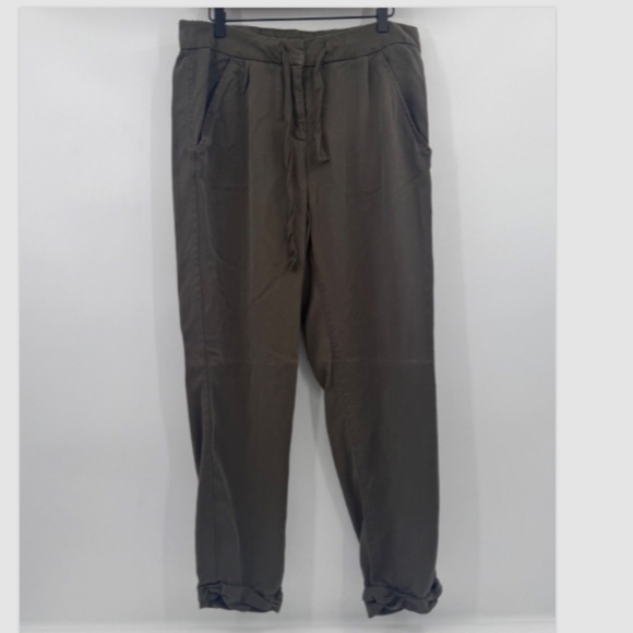 Tahari Pants Women 14 Green Brown Chambray Tapered Drawstring Lagen Coastal - Picture 1 of 16